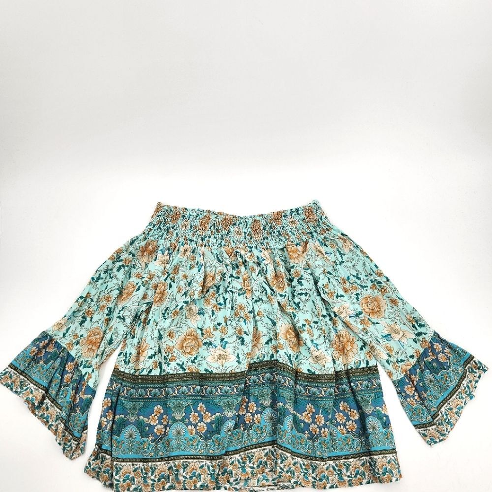 Off The Shoulder Bell Sleeve Blouse Top Women Size 2XL Floral Print Boho Summer